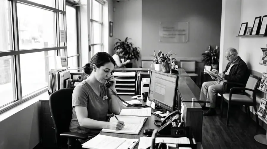 Receptionist at a clinic front desk taking a booking by phone