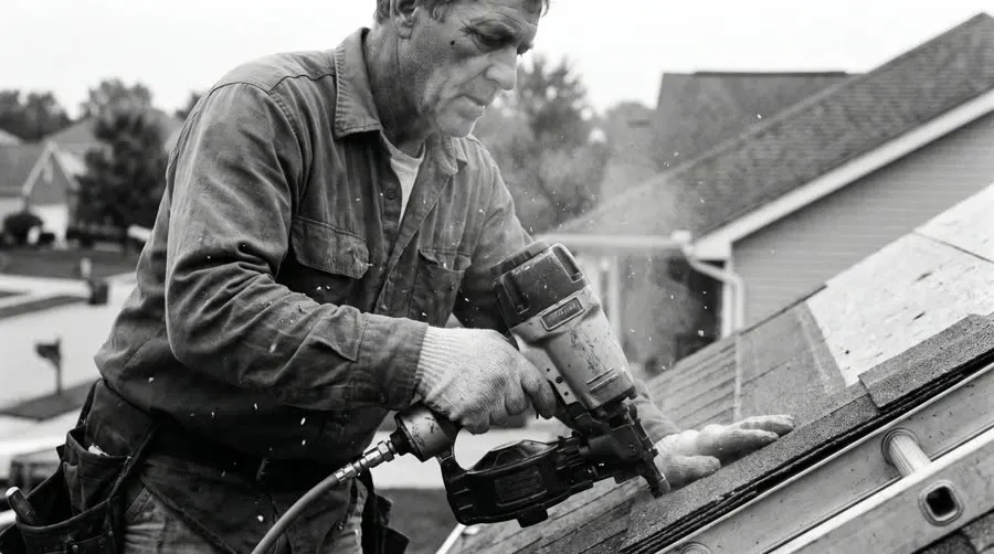 Roofer fastening shingles with a nail gun